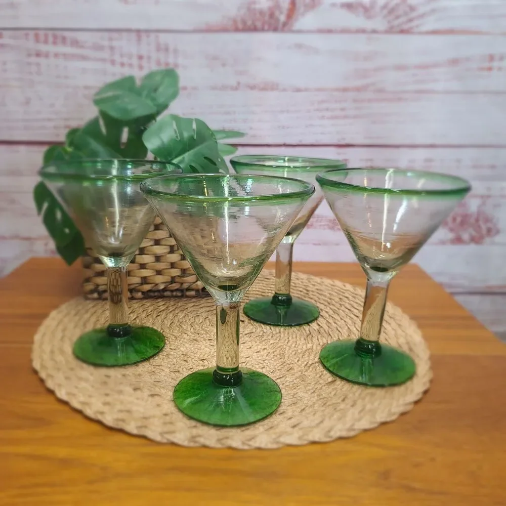 Set of 4 Mexican Hand Blown Tequila Margarita or Martini Glasses Heavy Green Rim